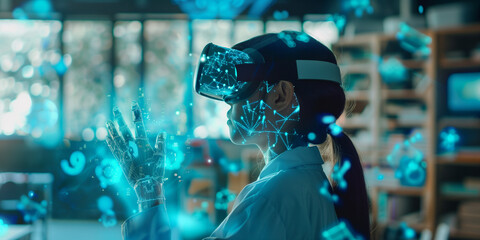 School student with VR headset using AI artificial intelligence technology and machine learning.  AI blue hologram in education