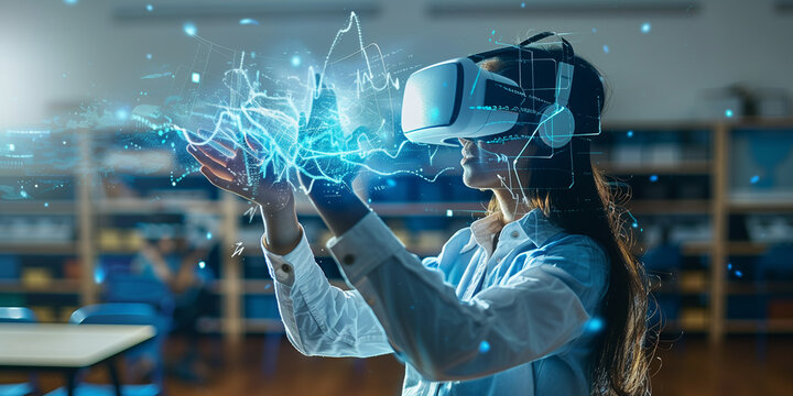 School student with VR headset using AI artificial intelligence technology and machine learning.  AI blue hologram in education - Powered by Adobe
