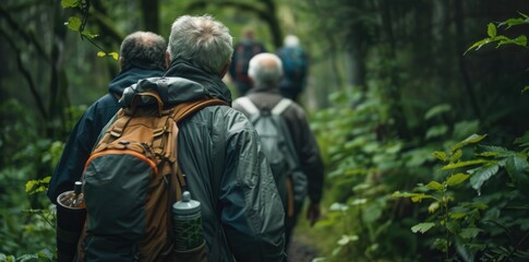 Fototapeta premium group of old man senior hiking adventure at forest
