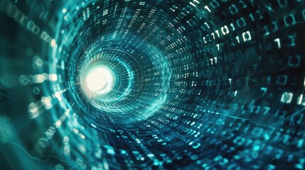 Fototapeta premium A background featuring a digital tunnel with binary code spiraling through it.