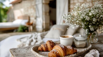 French breakfast setting with croissants sprinkled with powdered sugar on a rustic wooden table, accompanied by coffee and ornamental flowers, creating a cozy ambiance.