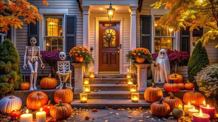 A festive autumnal front porch adorned with vibrant pumpkins, eerie glowing ghosts, and spooky skeletal figures welcomes eerie Halloween night.