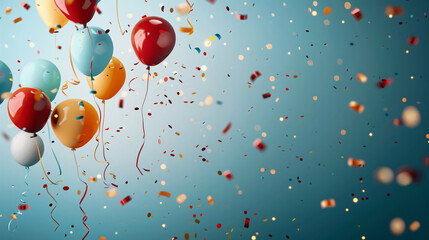 Colorful balloons and confetti in air