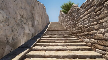 Fototapeta premium Narrow street with steep stairs climbing a hilly terrain, ending at an ancient city gate exit