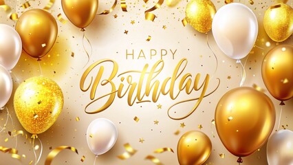 Vibrant golden confetti and balloons against white background with elegant cursive happy birthday banner perfect for TV wallpaper or decoration.