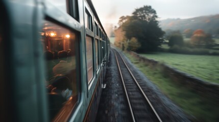 Naklejka premium This image portrays a vintage train journeying through a scenic countryside, providing a glimpse of passengers inside, invoking feelings of travel, adventure, and serene, picturesque landscapes.