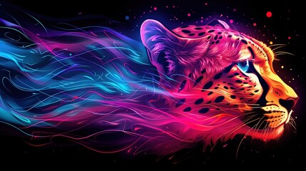   A close-up of a cheetah's face on a black background with multicolored streaks of light
