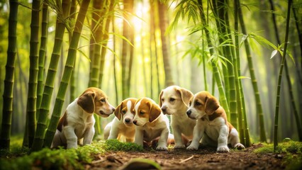 Innocent puppies venture into serene bamboo forest, their twitching noses discovering hidden wonders amidst dappled sunlight and lush green tranquility.