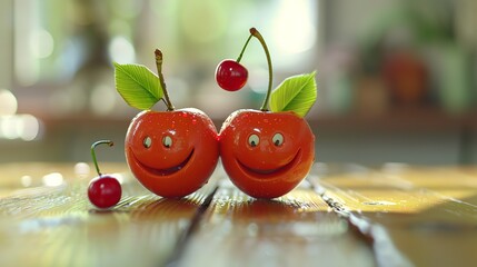 Two couple apples with smiley faces on a desk