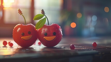 Two couple apples with smiley faces on a desk