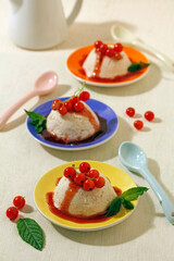 Almond cottage cheese with red currants coulis.