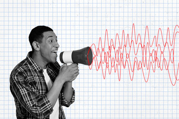 Composite collage image of young man announce megaphone loud voice sound waves fantasy billboard comics zine minimal