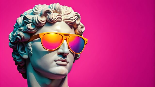 Vibrant pink background highlights a ancient Roman statue sporting trendy colorful sunglasses, blending centuries in a mesmerizing contrast.
