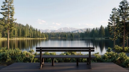 Obraz premium A peaceful highway rest area with a lookout, offering serene views of a tranquil lake and surrounding forest