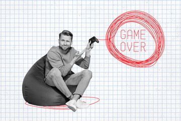 Composite collage image of confused young man play lose videogame playstation game over fantasy...