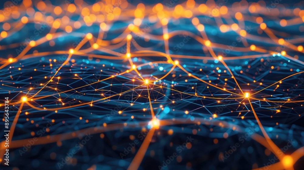 Poster a close-up of a glowing digital network with interconnected nodes and lines.