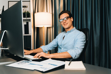 Smart businessman analyzing business paragraph dynamic database marketing analysis plan surrounded...