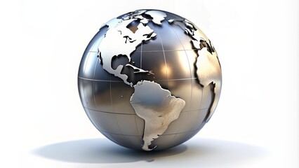 Highly detailed, oversized, metallic globe icon with subtle shadows and reflections, isolated on a pure white background.