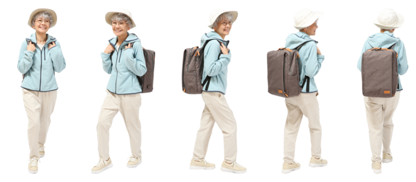 シニア女性リュック人物切り抜き5アングル