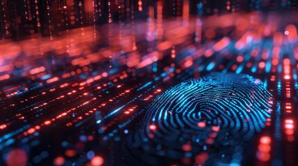 A close-up of a digital fingerprint scanner with glowing lines and data.