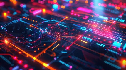 A close-up of a digital interface with colorful lines and communication icons.