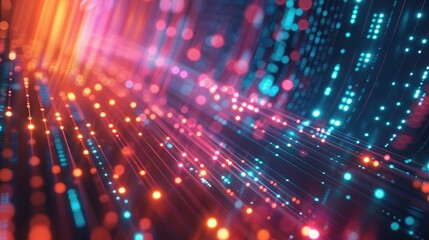A close-up of a digital matrix with flowing data lines and bright lights.