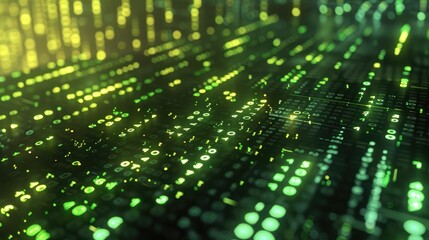 A close-up of a digital matrix with rows of glowing green numbers.