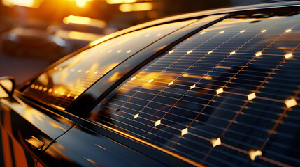 A close-up of a car window with integrated solar panels, glowing in the golden light of a setting sun. The panels create a grid pattern across the window, capturing the energy of the sun.