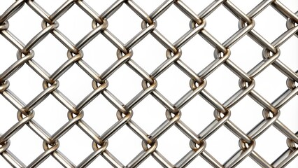 Fototapeta premium Metallic chain-link fence with intricate weave pattern, isolated on a pure white background or transparent backdrop, minimalist design concept.