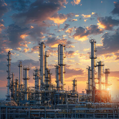 "Industrial Giant: Aerial View of Bustling Oil and Gas Refinery Plant with Complex Network of Pipes"