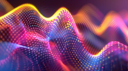 A close-up of a digital wave with bright colors and communication symbols.