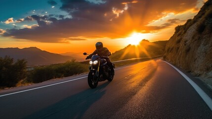 Motorcyclist riding towards sunset on mountain road