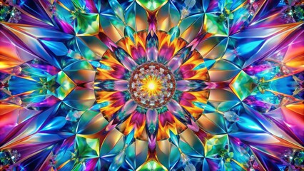 Vibrant prismatic colors radiate from center, exploding into kaleidoscope of abstract beauty against crystal clear background in stunning high definition clarity.