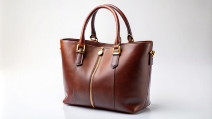 Luxurious brown leather tote bag with gold hardware and elegant stitching, set against a crisp white studio background.