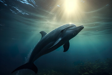 Naklejka premium Dolphin Swims In Pristine Ocean Under The Water Surface - Generative AI
