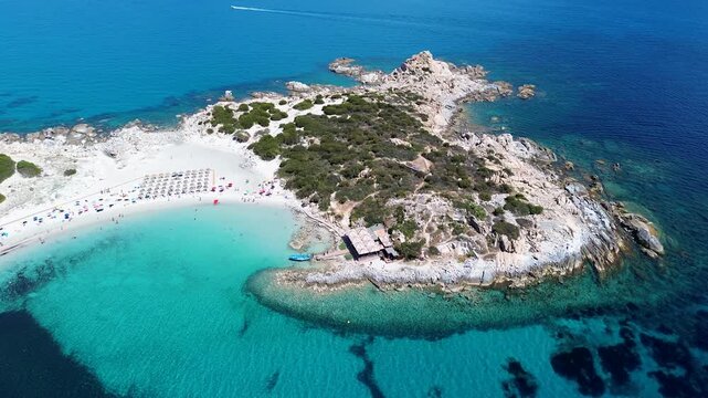 Punta Molentis beac, aerial view of the Punta Molentis peninsula, with the beautiful beach and crystal clear water. villasimius, Sardinia, Italy