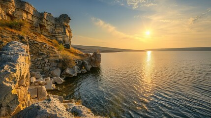 Mysterious Lake with Rocks and Old Wall Arch Under Golden Sun