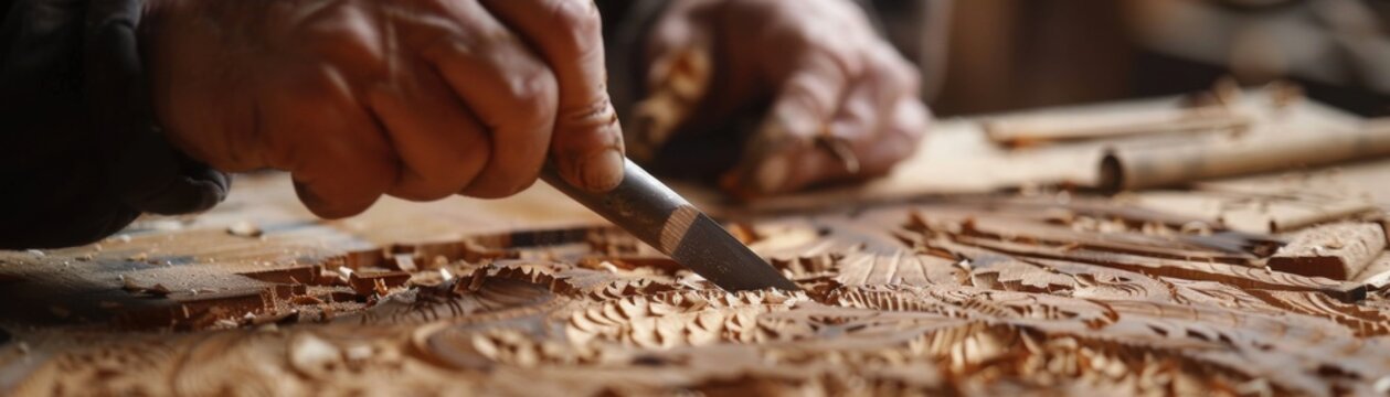 Close-up of artisan hands skillfully carving intricate designs into wood, showcasing detailed craftsmanship and traditional woodworking techniques.