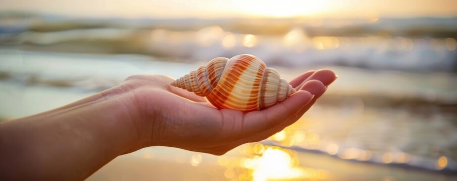 Hand holding a seashell against a sunset background on a beach, capturing the serenity and beauty of nature by the ocean.