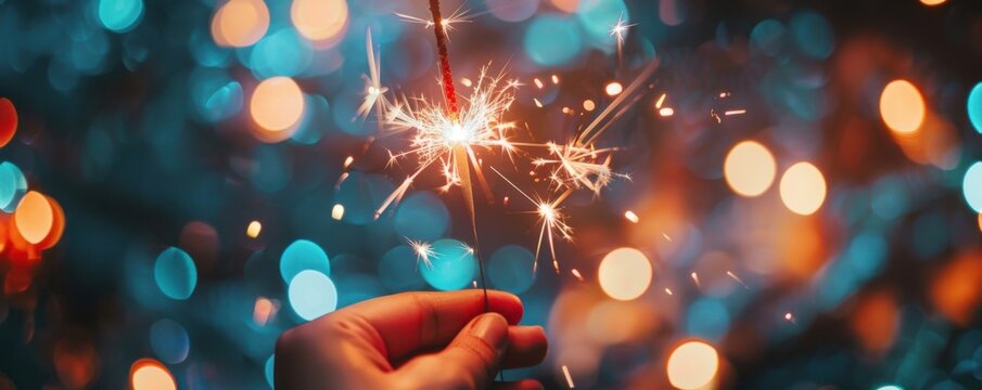 Hand holding a sparker with colorful bokeh lights in the background, creating a festive and celebratory atmosphere.