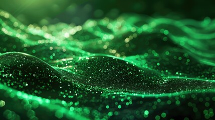 Abstract green particle wave on dark background, illustrating big data visualization and AI technology