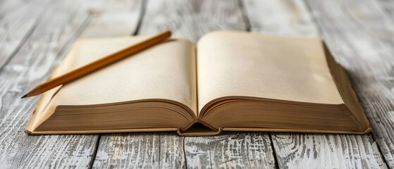 A Blank Open Book with Pencil on a Light Wooden Background