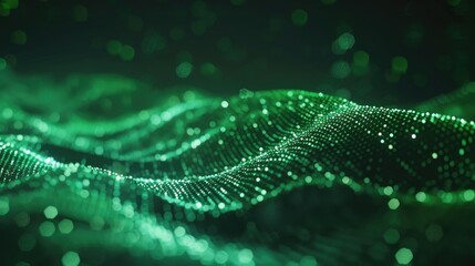 Abstract wave of green particles and lines, dark background for big data visualization and AI technology