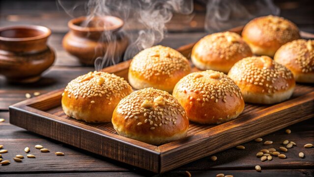Traditional Japanese sweet treats, freshly baked, golden brown, sesame seeds sprinkled, steaming hot anpan sitting on a wooden tray.