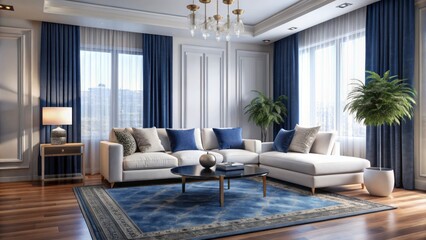 Luxurious interior design features sleek white sofa, rich blue area rug, and sophisticated grey curtains in a spacious modern room.