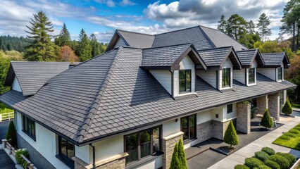Obraz premium Sleek, parallel rows of minimalist asphalt shingles form a clean, modern roofing design, exuding durability and understated sophistication.