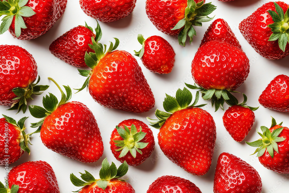 Wall mural fresh strawberries arranged on a white background.