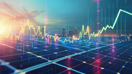 Double exposure of solar panels and stock market graphs, symbolizing increasing electricity prices and green energy growth