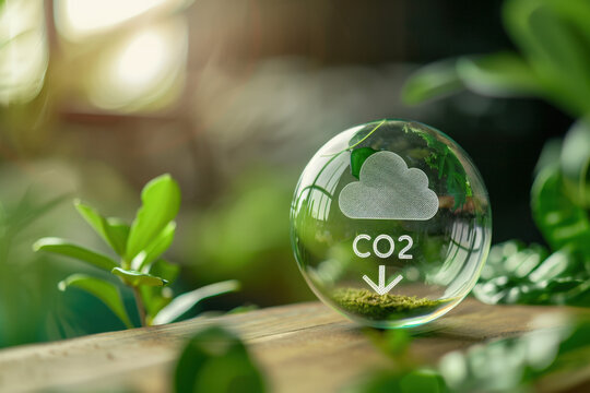 Crystal glass ball with a co2 cloud icon and a downward arrow is suggesting the decrease of carbon dioxide emissions for a greener future