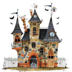 Spooky Halloween Haunted House with Glowing Windows PNG Transparency
